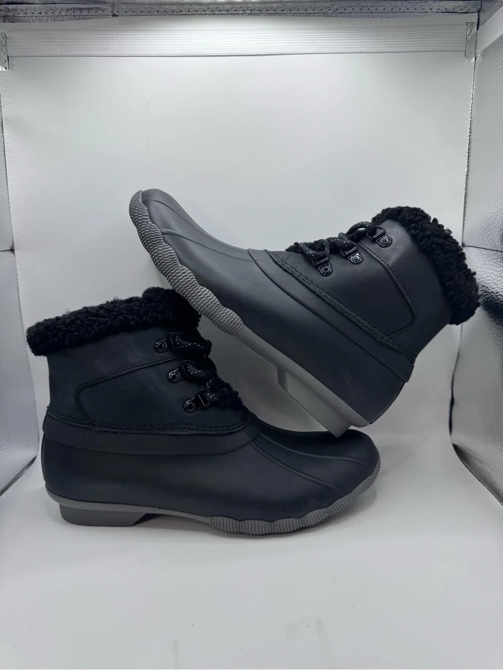 Sperry Black Lace-Up Faux Shearling Rain Boot